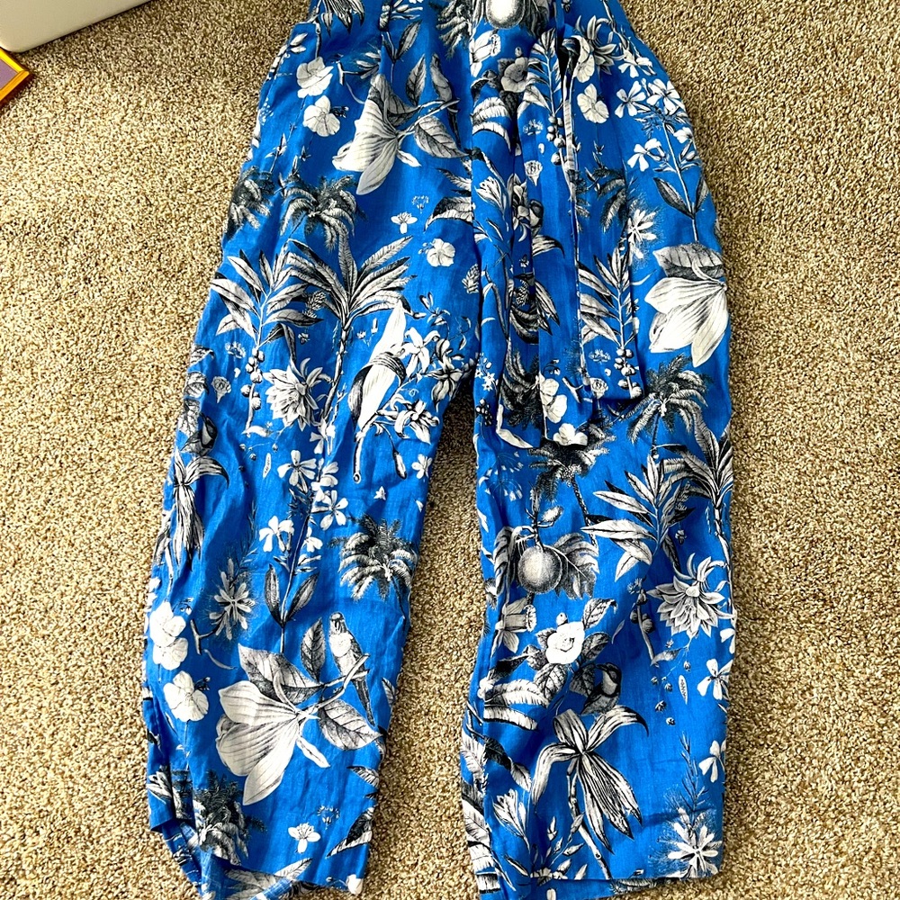 NWOT Jcrew wide leg cropped linen floral and bird blue pants. Size 10